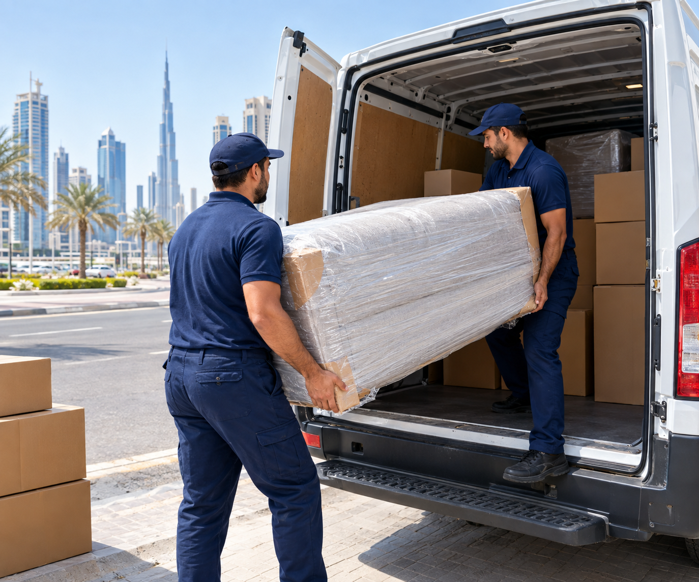 Two professional furniture movers in plain navy-blue uniforms loading a wrapped sofa and boxes into a white delivery van